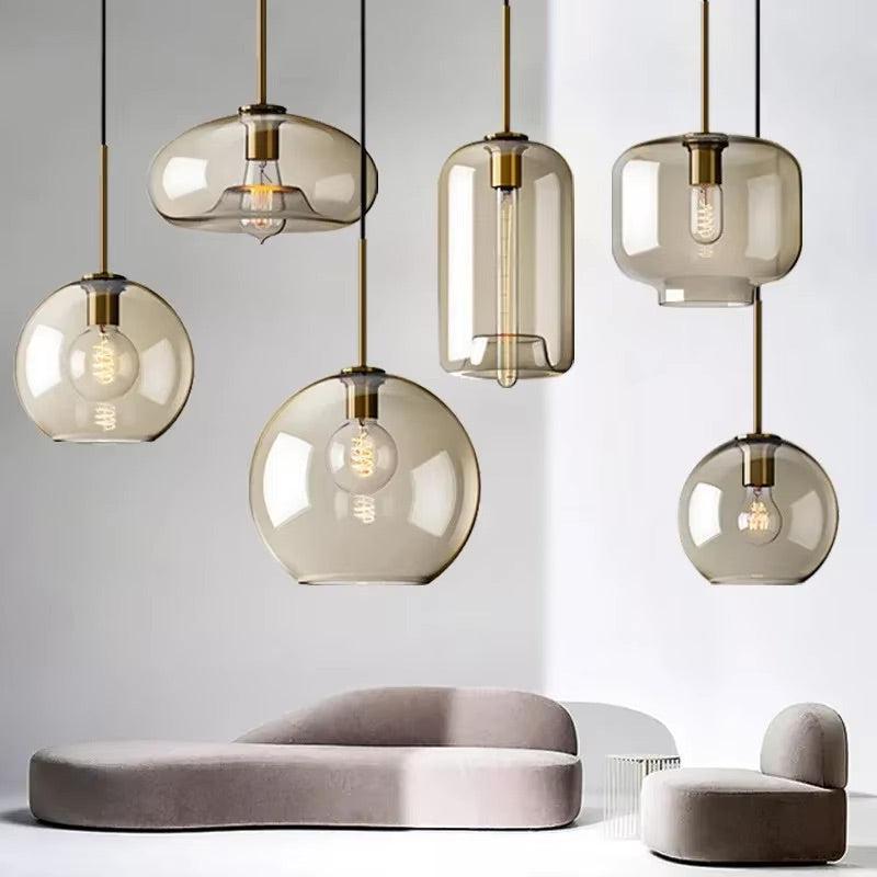 Cognac Glass Brass Pendant Light