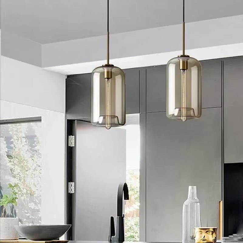 Cognac Glass Brass Pendant Light