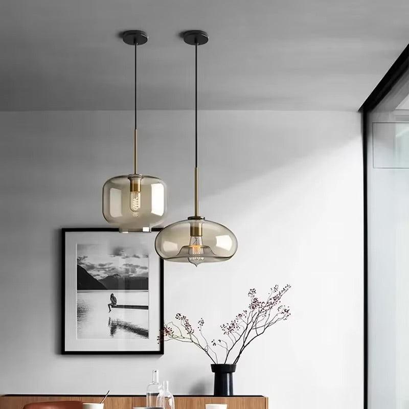 Cognac Glass Brass Pendant Light