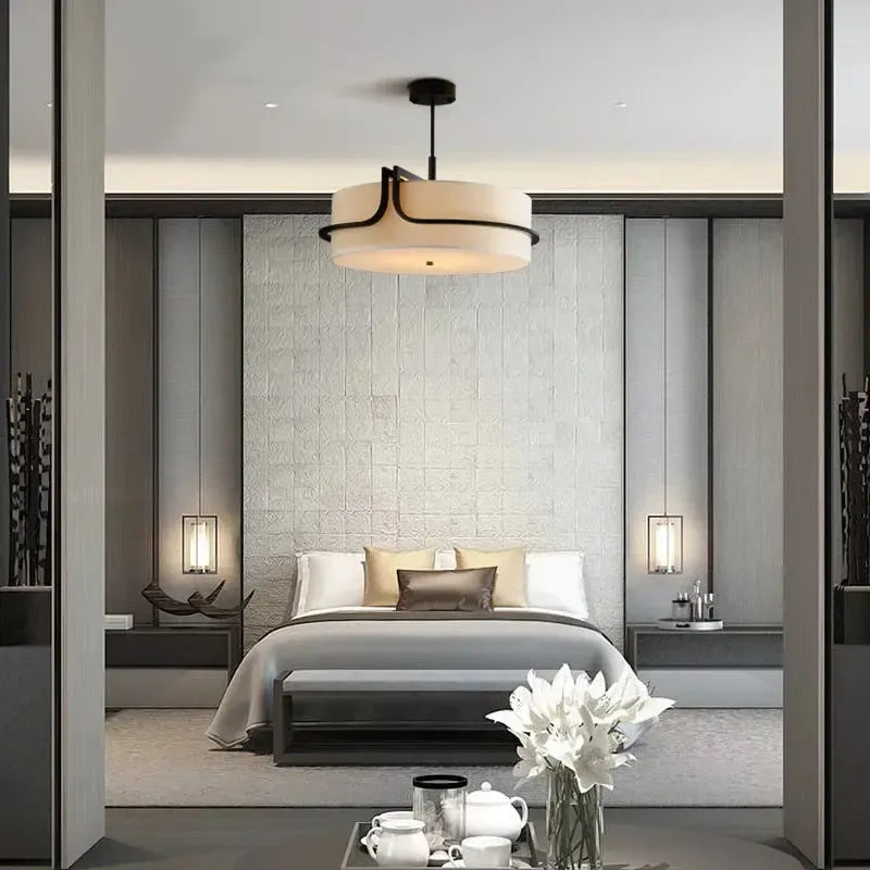 Japanese Wabi Sabi White Circular Fabric Chandelier