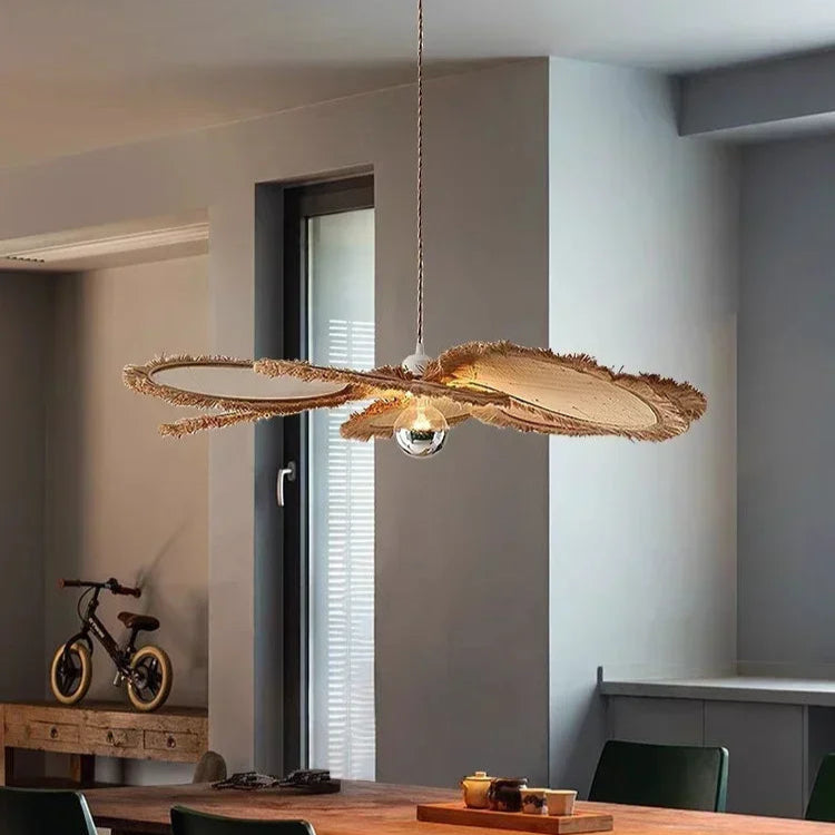 Japanese Wabi Sabi Flat Rattan Flower Pendant Light