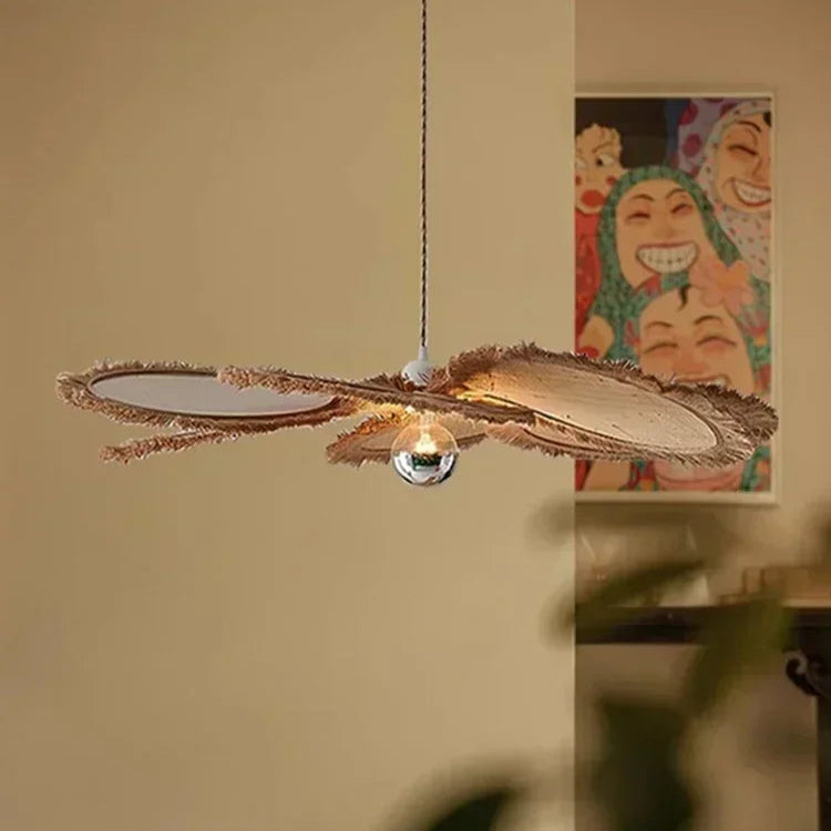 Japanese Wabi Sabi Flat Rattan Flower Pendant Light