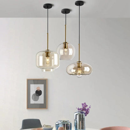 Cognac Glass Brass Pendant Light