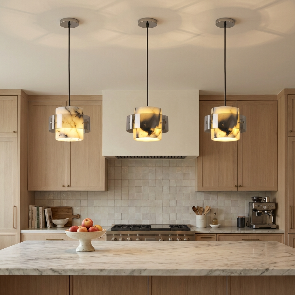 Natural Marble Flush Cylinder Pendant Light