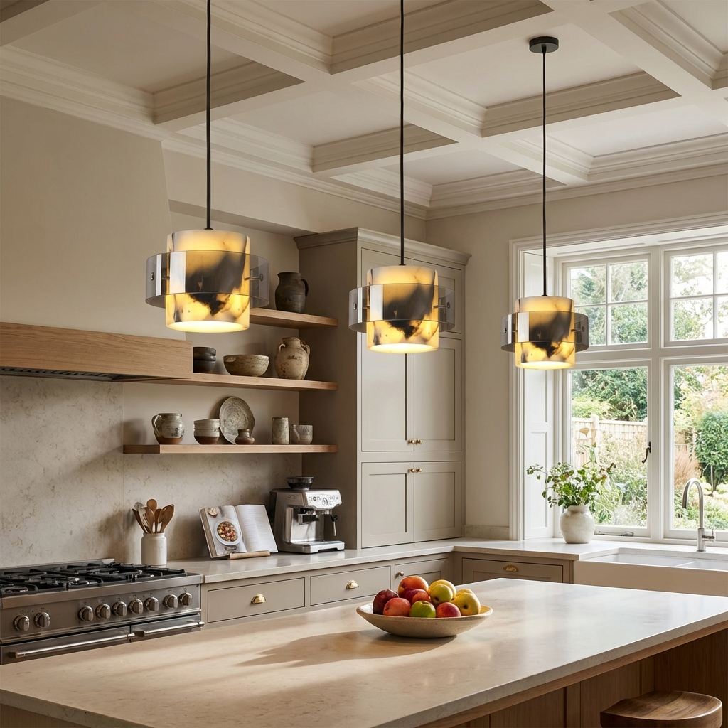 Natural Marble Flush Cylinder Pendant Light