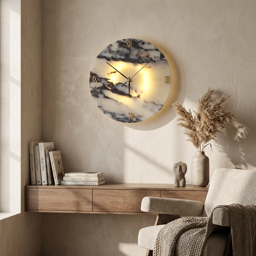 Natural Marble Functioning Clock Wall Light
