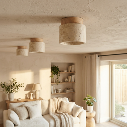 Natural Travertine Stone Cylinder Ceiling Light