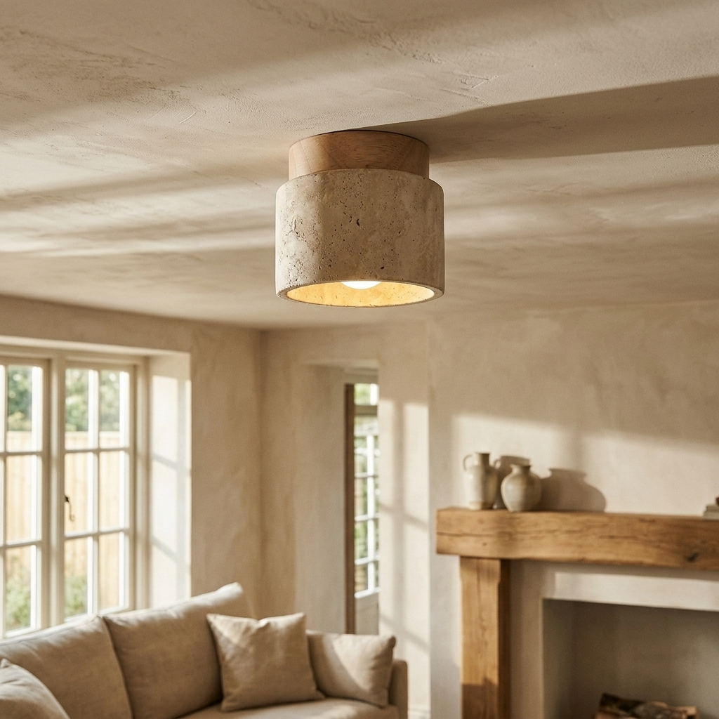 Natural Travertine Stone Cylinder Ceiling Light