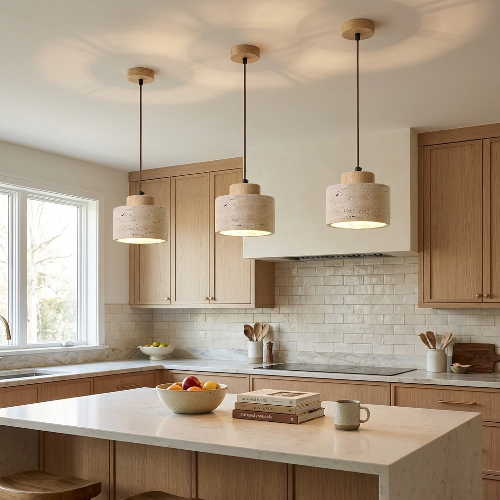 Natural Travertine Stone Drum Pendant Light