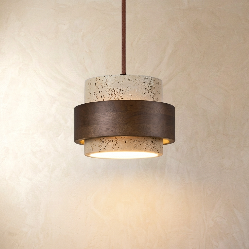 Natural Travertine Stone Layered Cylinder Pendant Light