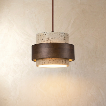 Natural Travertine Stone Layered Cylinder Pendant Light