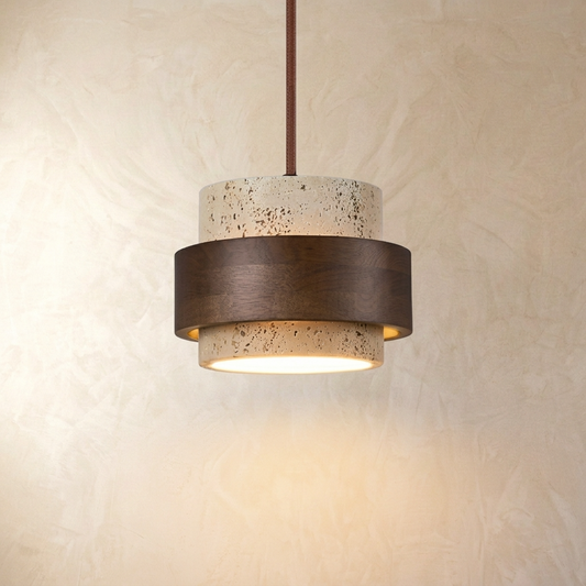 Natural Travertine Stone Layered Cylinder Pendant Light