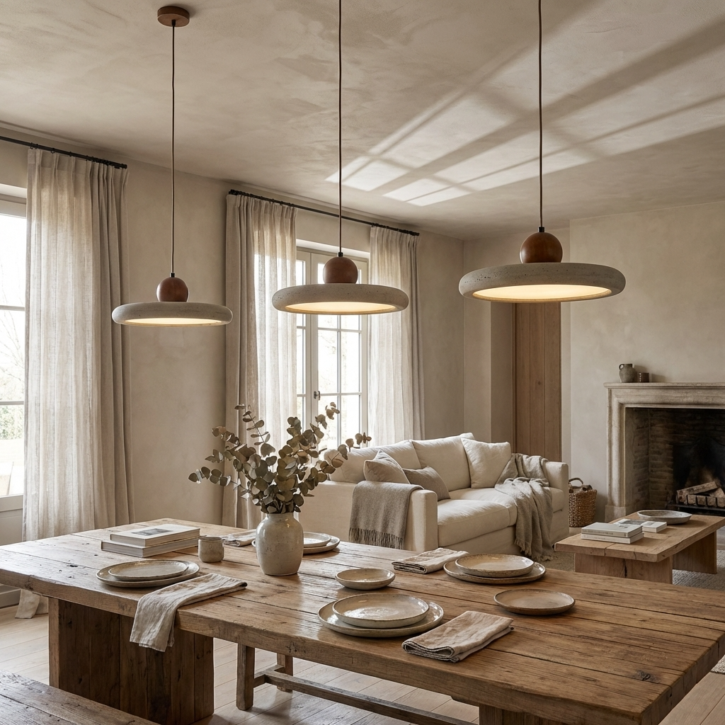 Natural Travertine Stone Slim Disc Pendant Light