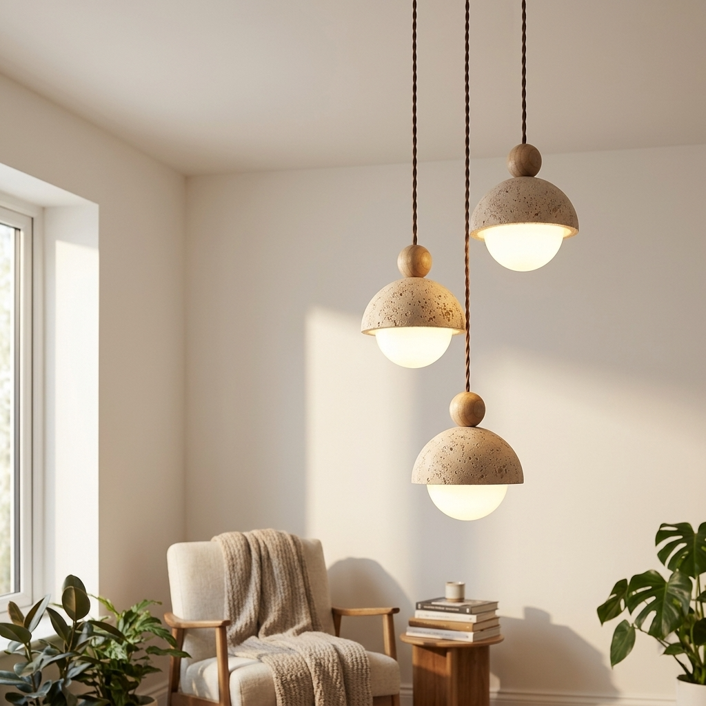 Yellow Travertine Wabi Sabi Stone Pendant Light