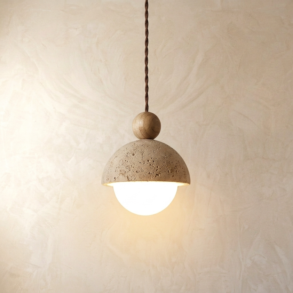 Yellow Travertine Wabi Sabi Stone Pendant Light